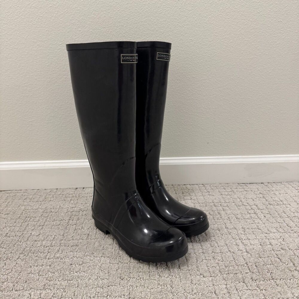 London Fog - Size 7 - Thames Women's Tall Black Waterproof Rubber Rain Boots